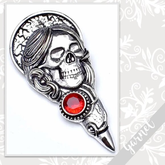Garnet Dia de Los Muertos Woman’s Skull Silver Artisan Pendant 3.1” (Bright Red) - Picture 1 of 2